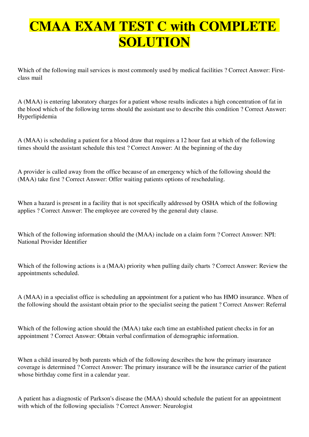 CMAA EXAM TEST C with COMPLETE SOLUTION